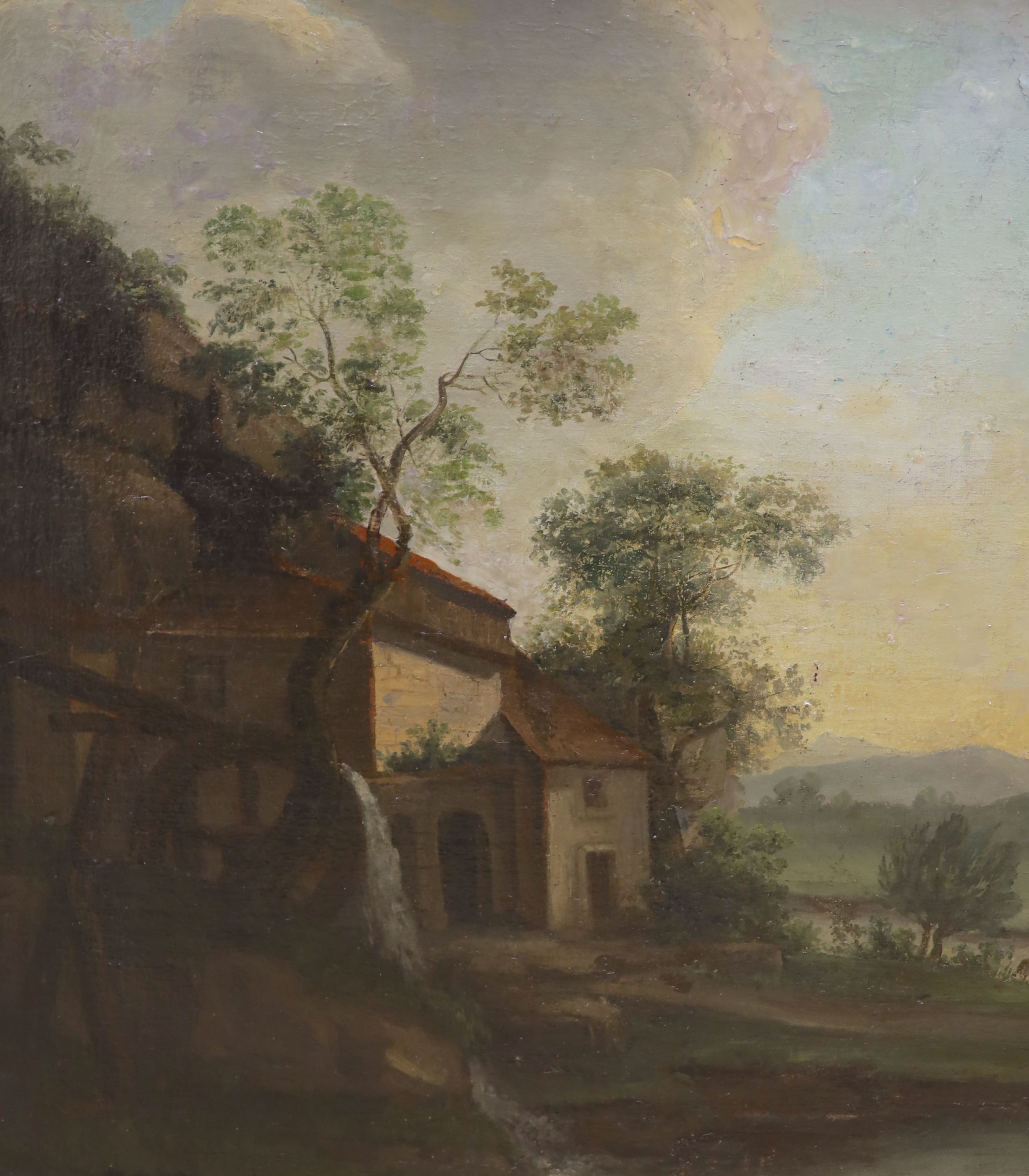 Continental school, study of a hillside watermill with distant hills, oil on canvas, 65 x 60 cm, in a foliage gilt gesso frame